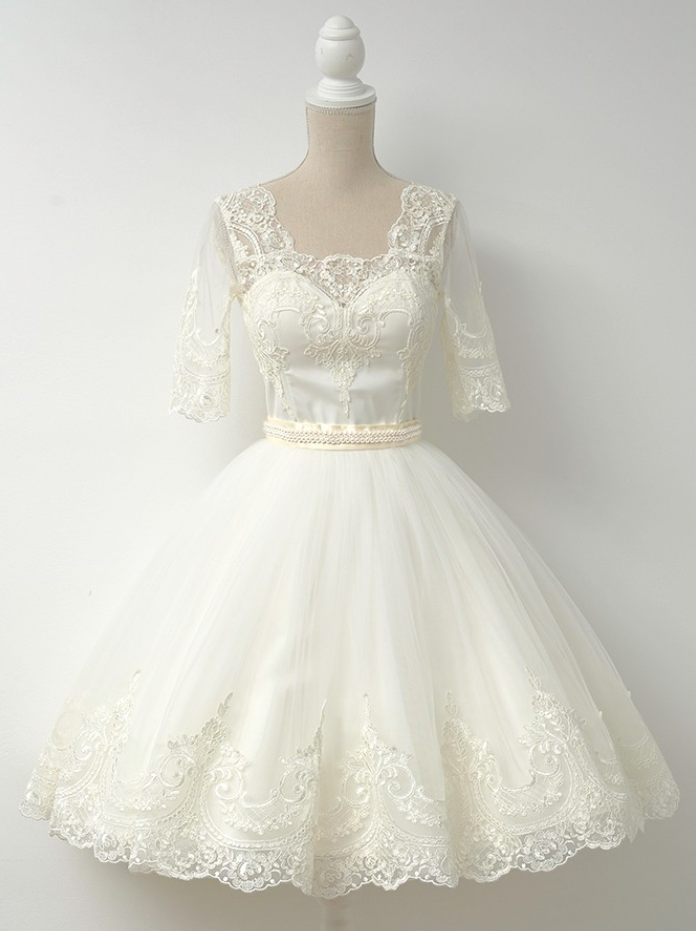 A-line Square Knee-length Half Sleeves Ivory Tulle Bride Wedding Dress ...