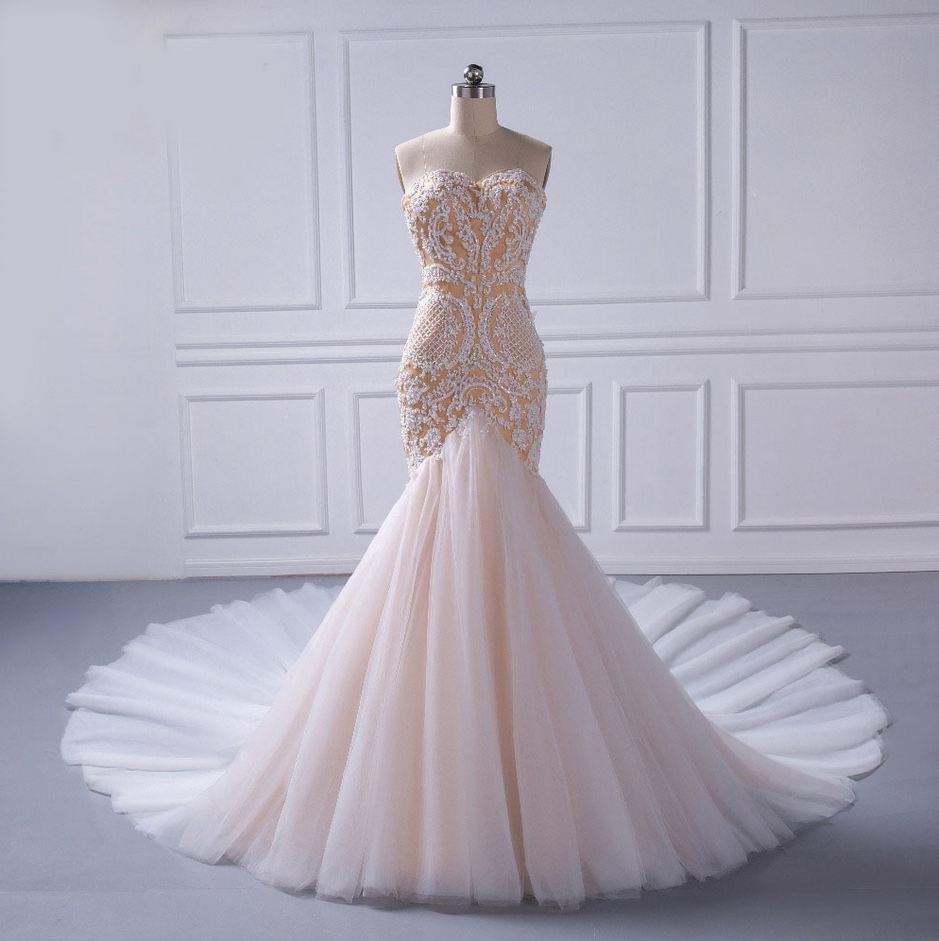 Mermaid Champagne Beaded Wedding Dresses Off The Shoulder Bridal Gown ...