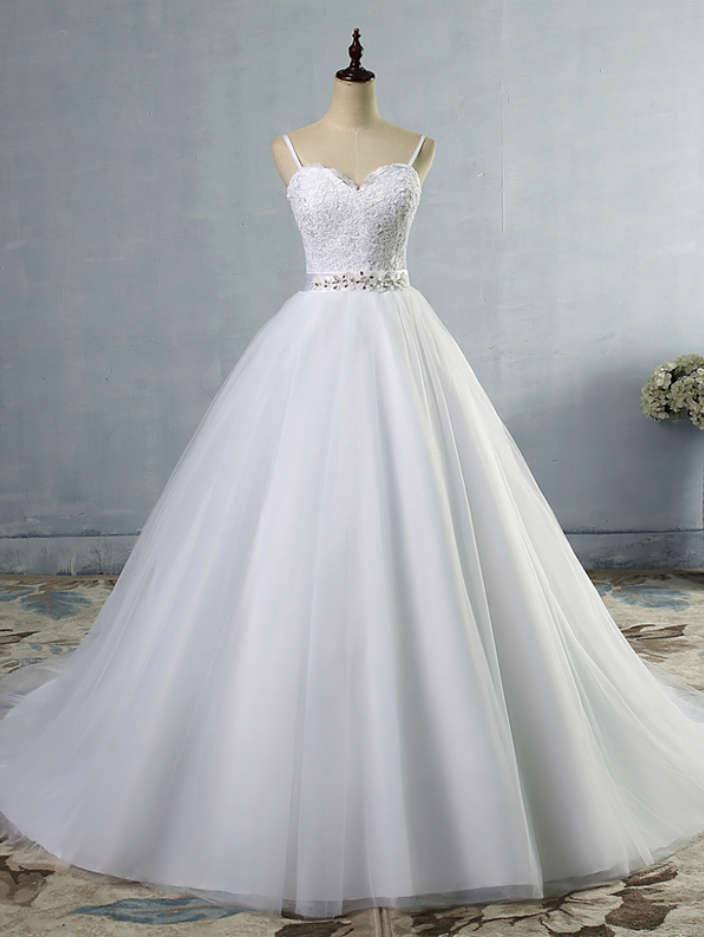 Long Wedding Dress, Spaghetti Strap Wedding Dress, Tulle Wedding Dress ...