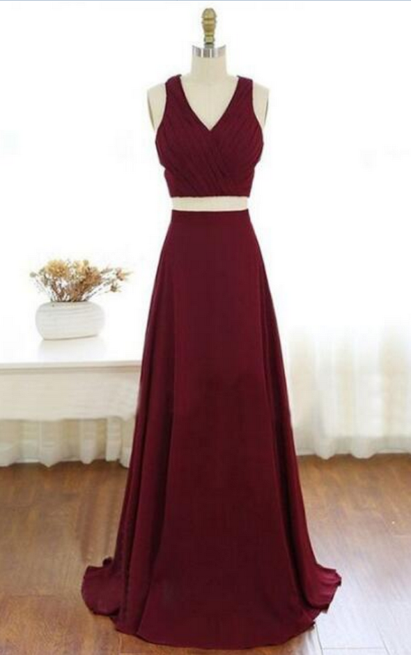 Two Pieces Maroon Long Prom Dress, Dark Burgundy 2 Pieces Formal Evening Dresses main image 1