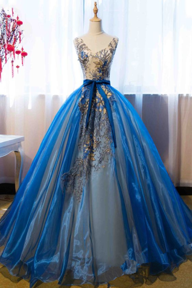 Blue Organza Applique V-neck A-line Prom Dress,ball Gown Dress For ...