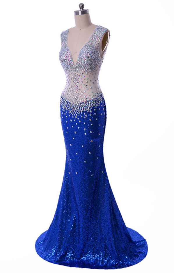 Luxury Backless V Neck Long Prom Dresses Elegant Crystal Mermaid Prom Dress Chapel Train Evening 