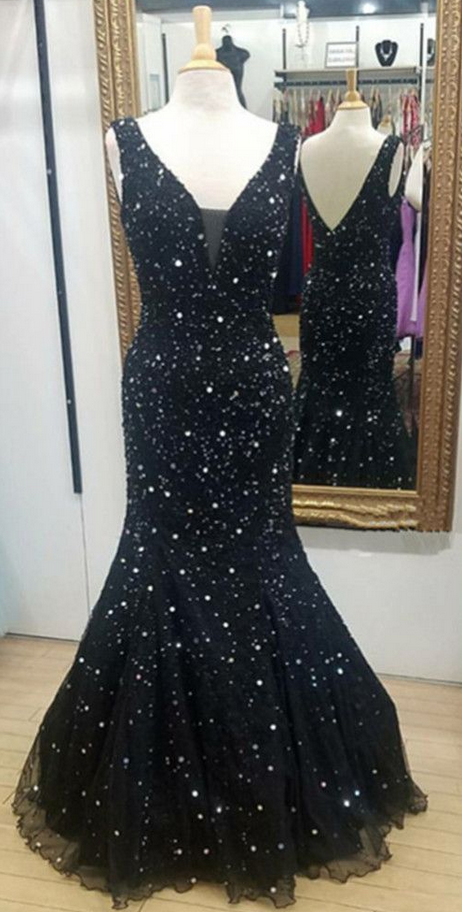Navy Blue Evening Dress with Beading Sequins,Chic Prom Dress Y1832