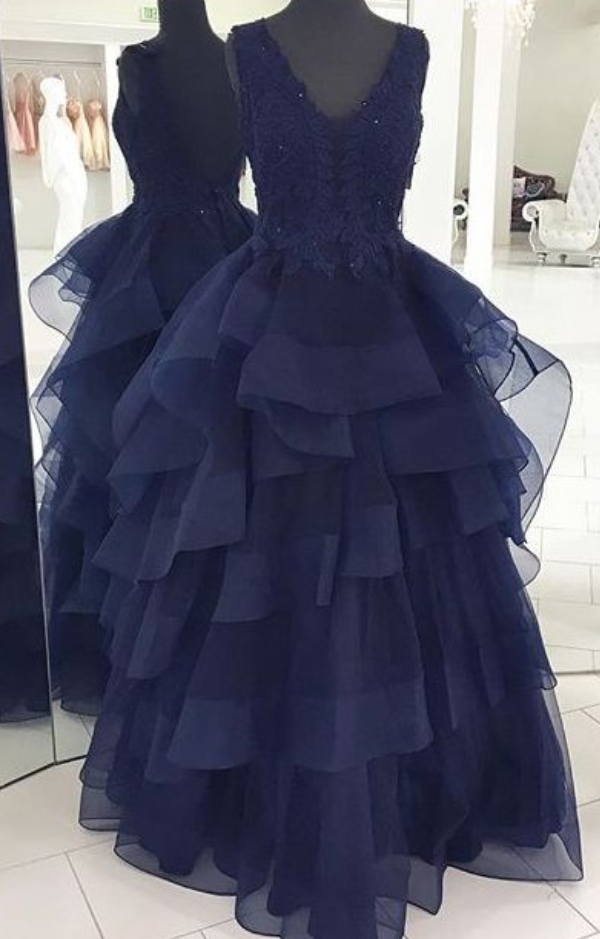 Navy Blue V-neck Long Prom Dresses Long Party Dress