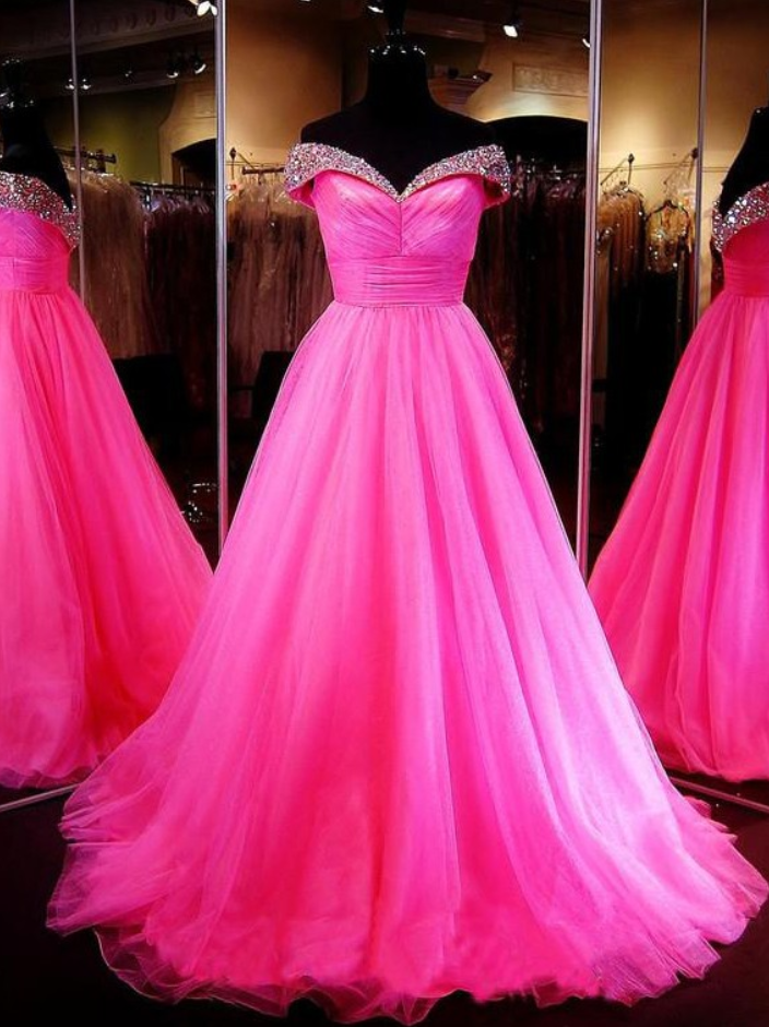 Ball Gown Sleeveless Off-the-Shoulder Beading Tulle Prom Dresses main image 1