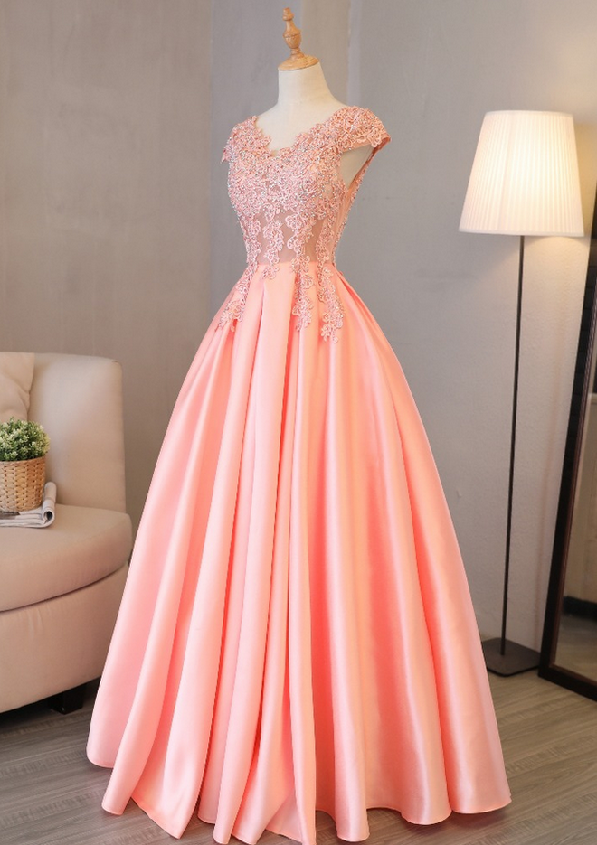 Cap Sleeve Aline Prom Dresses Lace Applique Satin Long Elegant Formal