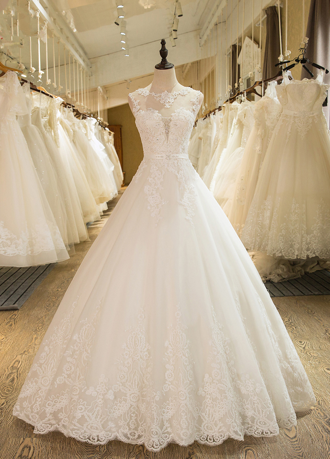 Long A-line Sleeveless Tulle Lace Appliques Open Back Wedding Dresses