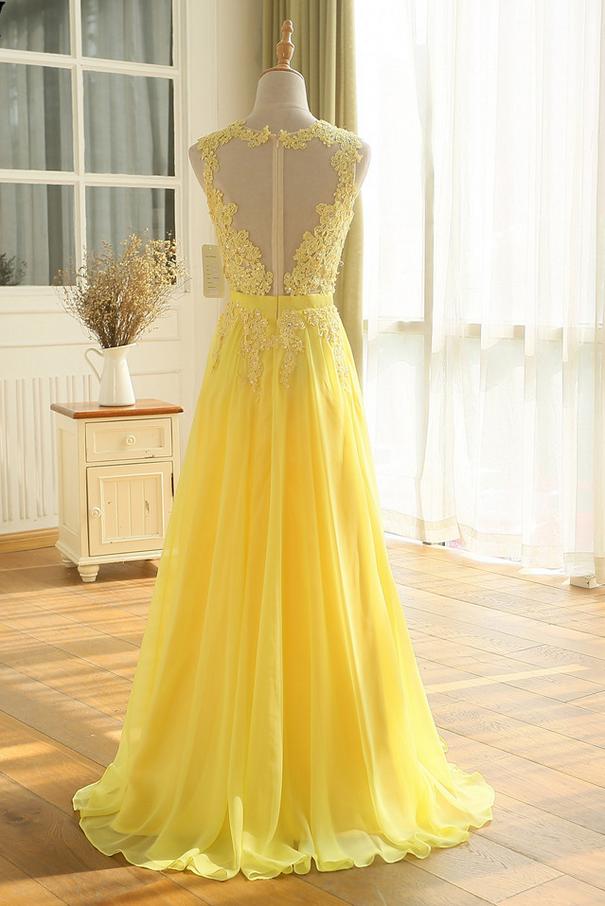 Sexy See Through Lace Top Long Prom Dresses Yellow Chiffon Evening ...