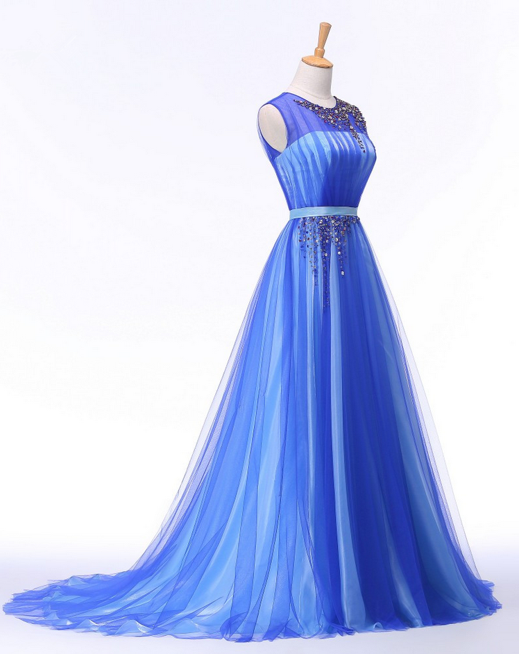 Luxury Blue Sleeveless Beaded A-Line Evening Dress LA73432 main image 1