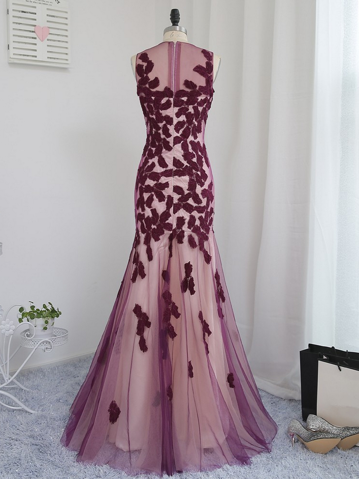 Wine Red Evening Dresses Mermaid Tulle Appliques Lace See Through Long