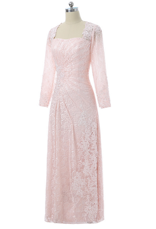 Pink Evening Dresses A-line Boat Neck Long Sleeves Lace Appliques Women ...