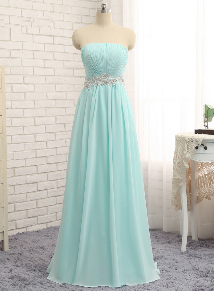 Turquoise Evening Dresses A-line Strapless Chiffon Beaded Backless ...