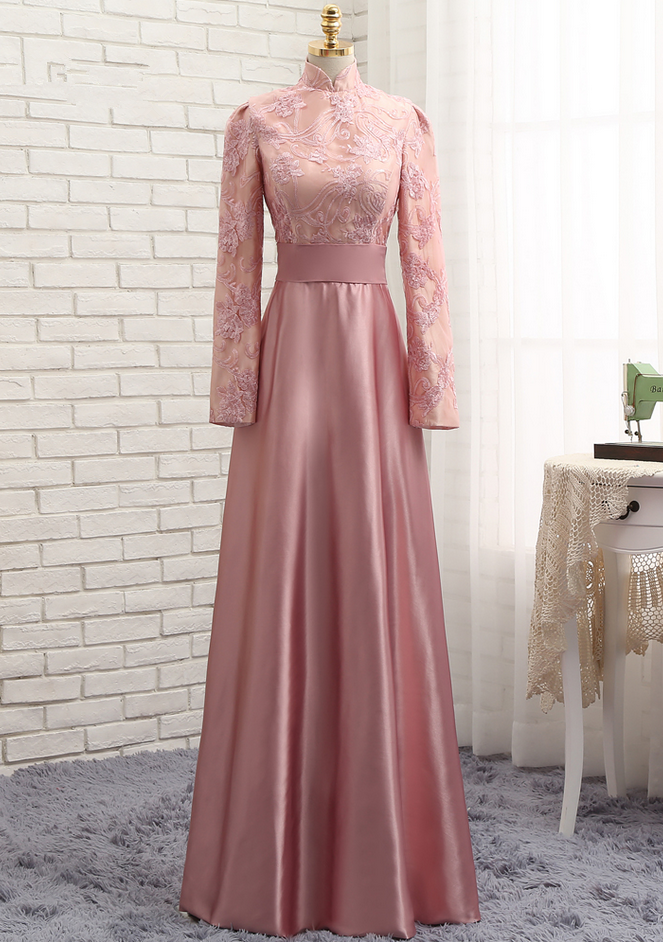 Pink Muslim Evening Dresses A-line Long Sleeves Satin Sequins Elegant ...