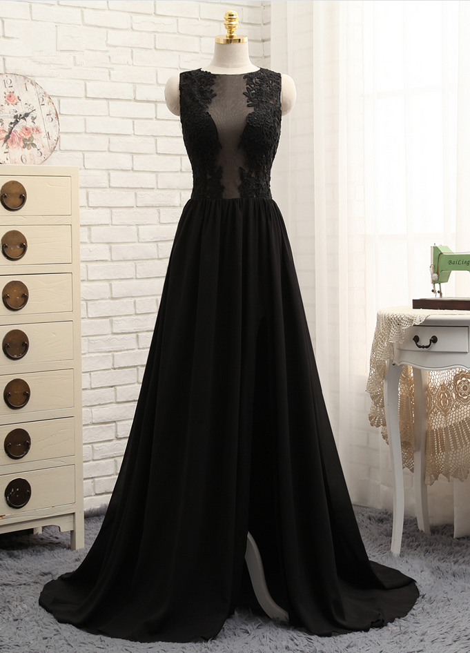 Prom Dresses A-line Black Chiffon Appliques Lace Sexy Long Prom Gown ...