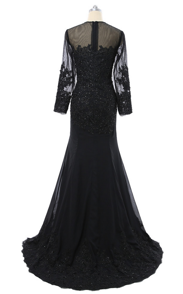 Black Prom Dresses Mermaid Long Sleeves See Through Appliques Lace Beaded Long Prom Gown Evening