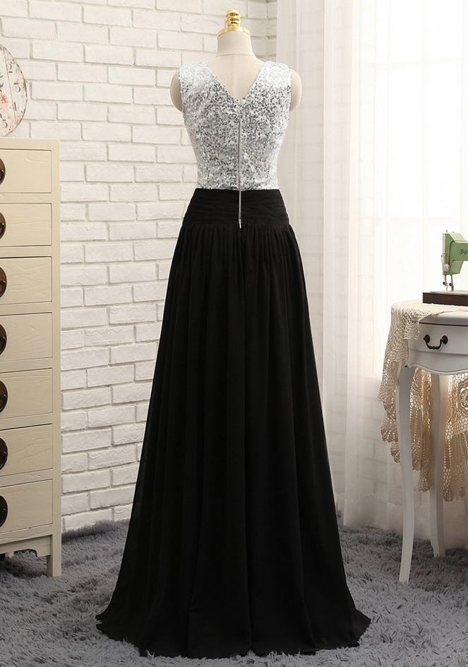 Prom Dress A-line Deep V-neck Black Chiffon Sequins Long Wedding Party ...