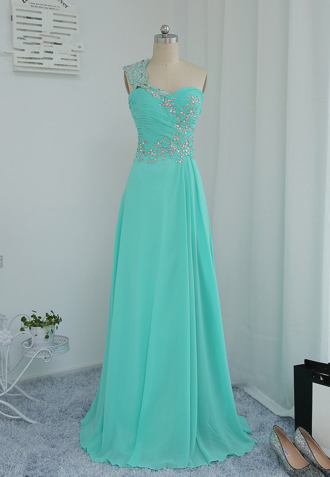 Mint Green Prom Dresses A-line One-shoulder Chiffon Beaded Crystals ...