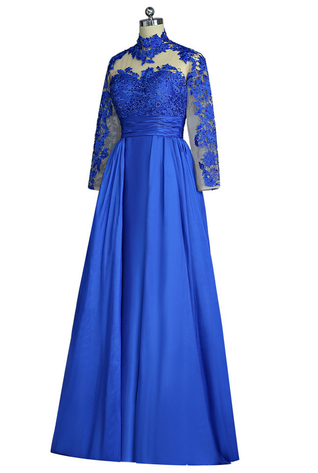 Royal Blue Prom Dresses A Line Long Sleeves Appliques Open Back Sexy Women Long Prom Gown