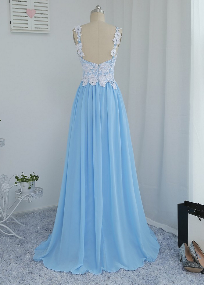 Sky Blue Prom Dresses Aline Spaghetti Straps Chiffon Appliques Lace