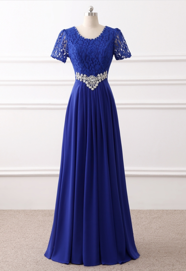 Long Lace Crystal Evening Dress Elegant Royal Blue Party Chiffon Formal