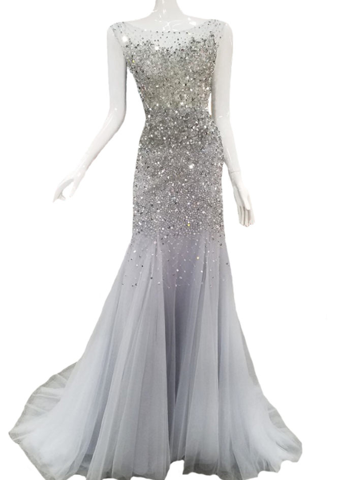 New High-end Mermaid Evening Dress Luxury Banquet Sexy Grey Crystal ...