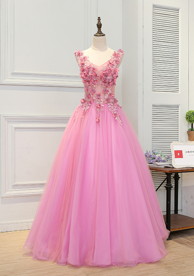 Romantic Pink Flowers Lace Evening Dresses Sleeveless LA6109 main image 1