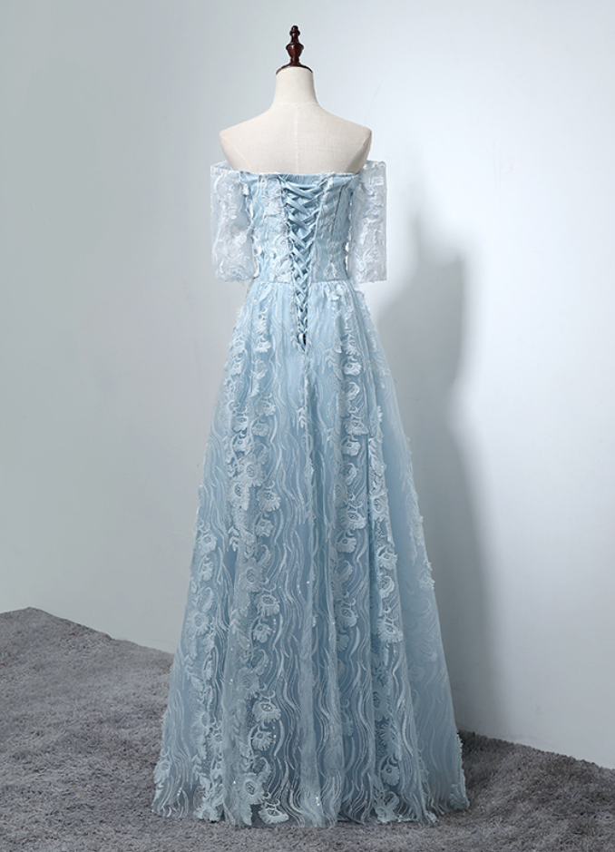 New Evening Dress Sweet Light Blue Lace Flower Floor-length Long Prom ...