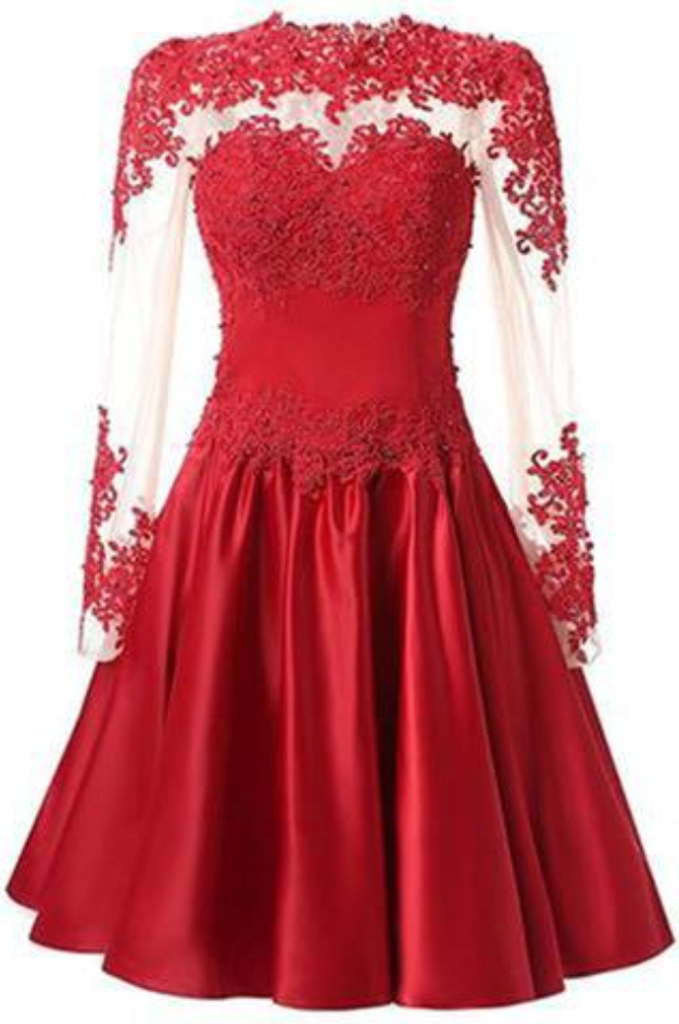 A Line Long Sleeves With Applique Knee-Length High Neck Homecoming ...