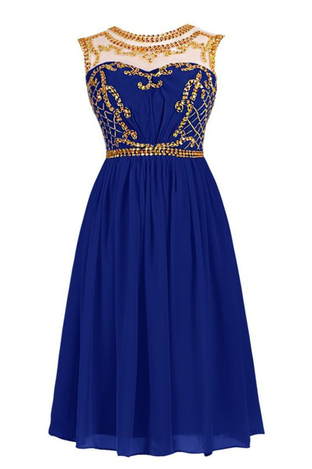 Royal Blue Short Homecoming Dress With Illusion Neckline And Gold