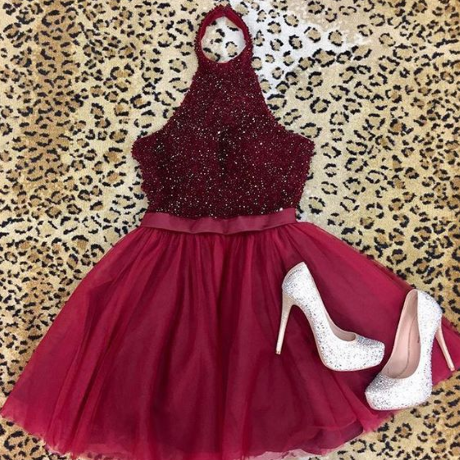 Halter Burgundy Lace A-Line Cute Backless Homecoming Dress    PD373