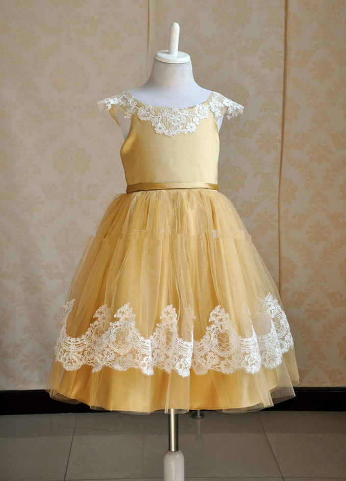 Flower Girl Dresses Cap Sleeves Gold Flower Girl Dress With Ivory Lace