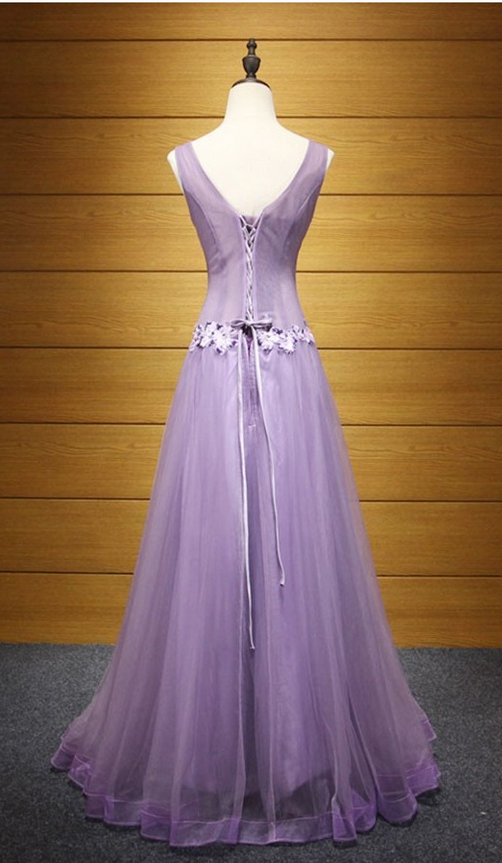 Purple A Line V Neck Floor Length Tulle Prom Dress With Beading On Luulla 