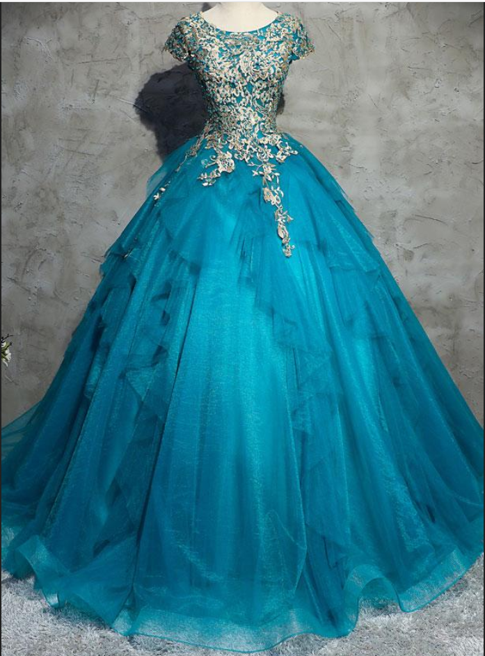 A-line Blue Short Sleeves Long Prom Dress, PD3564 on Luulla