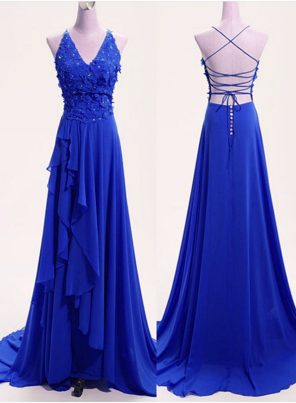 High Quality Blue Chiffon Vneckline Party Dress, Blue Formal Dress