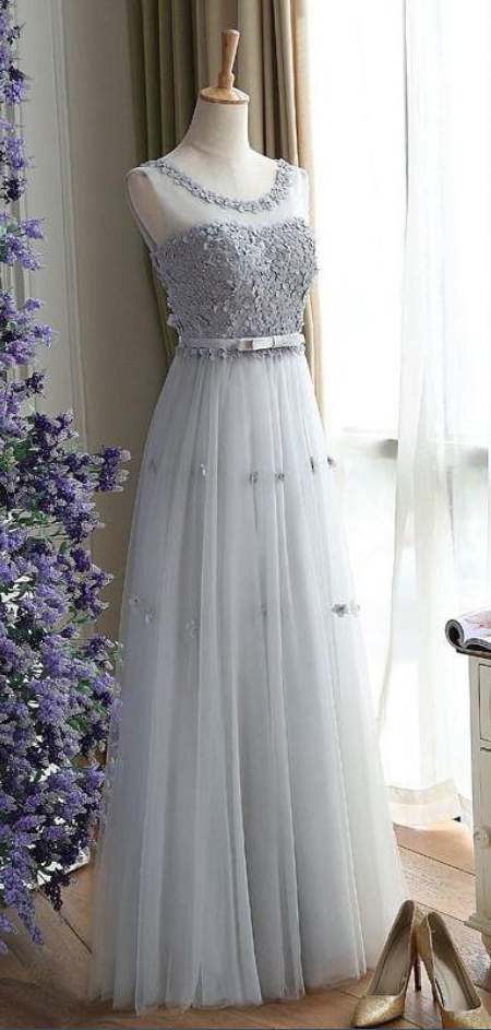 Charming Round Neck Split Tulle Long Prom Dress with Floral Appliques LBQ0673 main image 1
