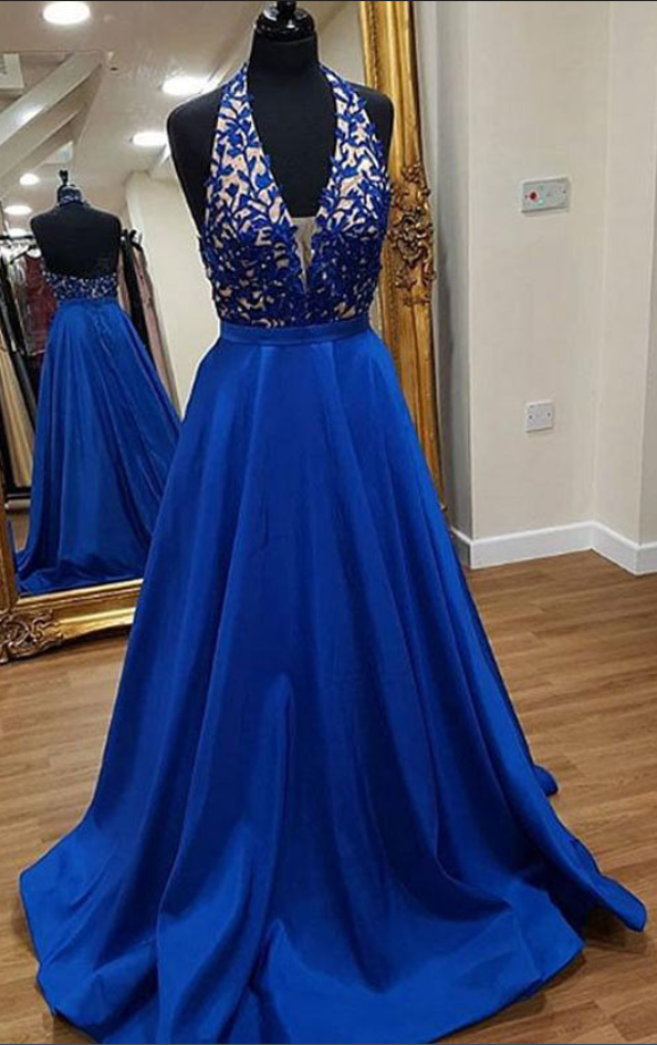 Stylish A-Line Halter Royal Blue Long Prom Dress,Halter Neck A Line ...