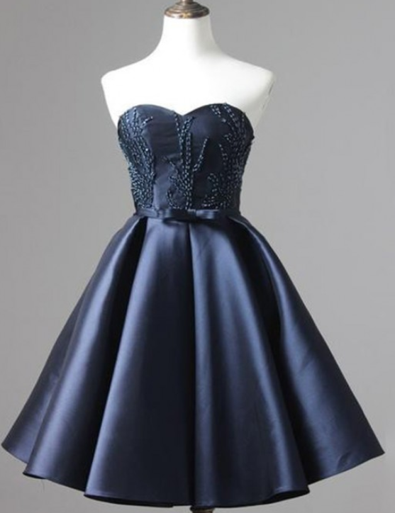 A Line Navy Homecoming Dresses Laced Up Sleeveless Beaded Sweetheart ...
