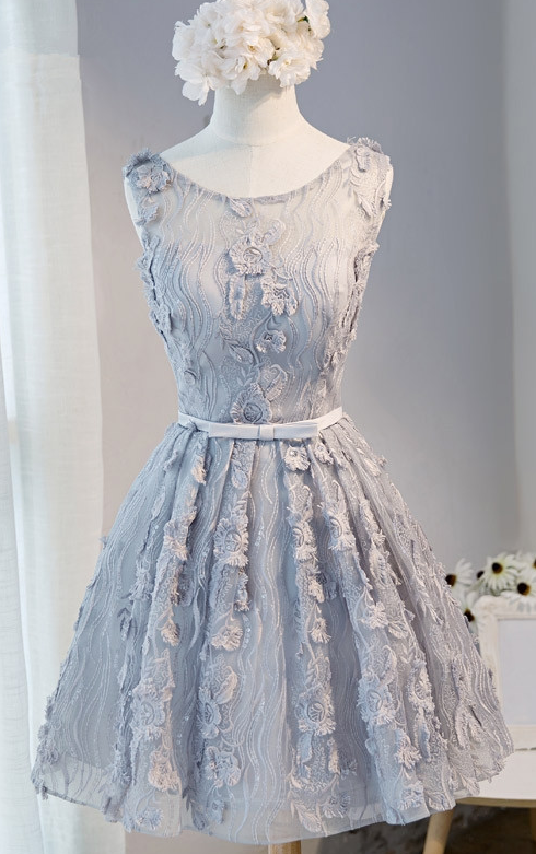 A-line Scoop Sleeveless Short Silver Lace Homecoming Dress With ...