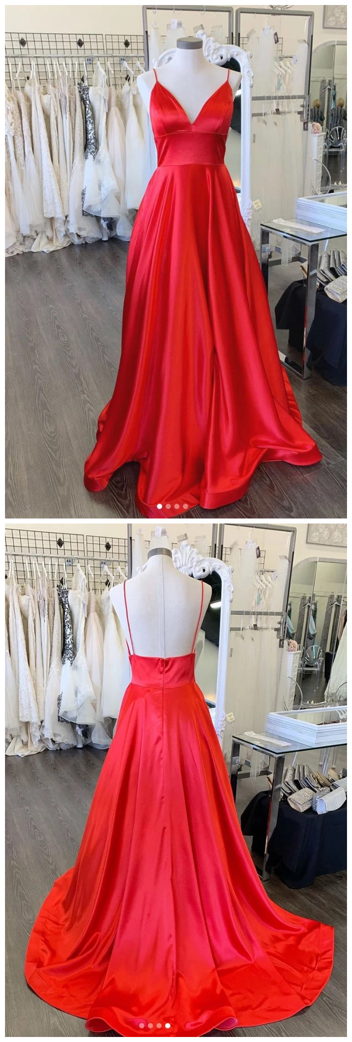 Wine Red Simple Straps Long V-neckline Party Dress, A-line Satin Evening Dress Prom Dress main image 1