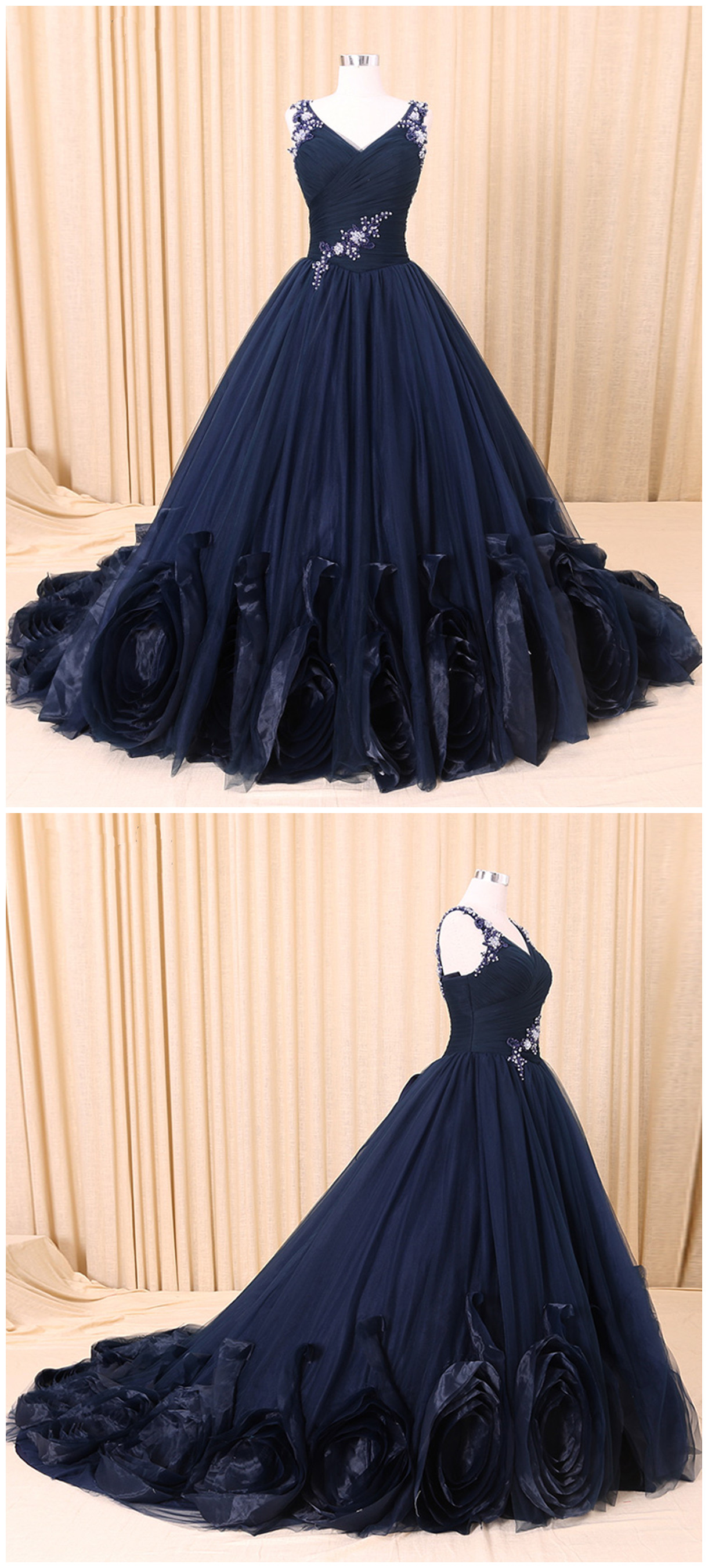 Lace and Tulle Floor Length Dress with V neck Dark Navy main image 1