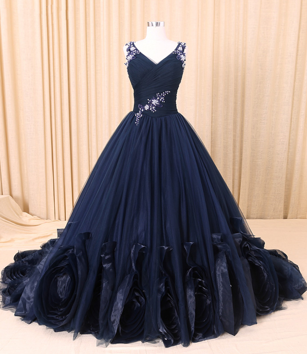 Navy Blue Tulle V Neck Long Lace Applique Formal Prom Dress, Evening ...