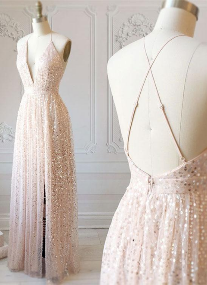 V-Neck Sequins Dark Navy Straps Prom Dress main image 1
