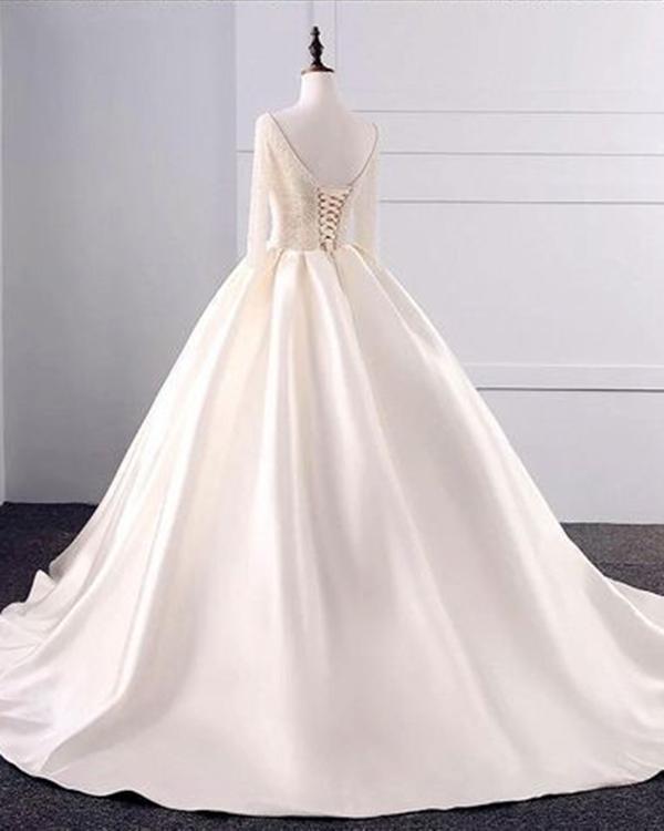 Fashion Simple Beige Wedding Dresses Full Sleeve Modest Lace Satin