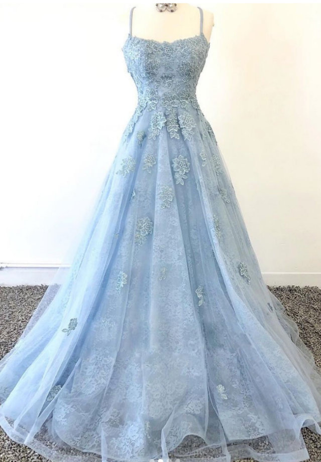 Tulle Lace Long Prom Dress, Blue Tulle Lace Evening Dress on Luulla