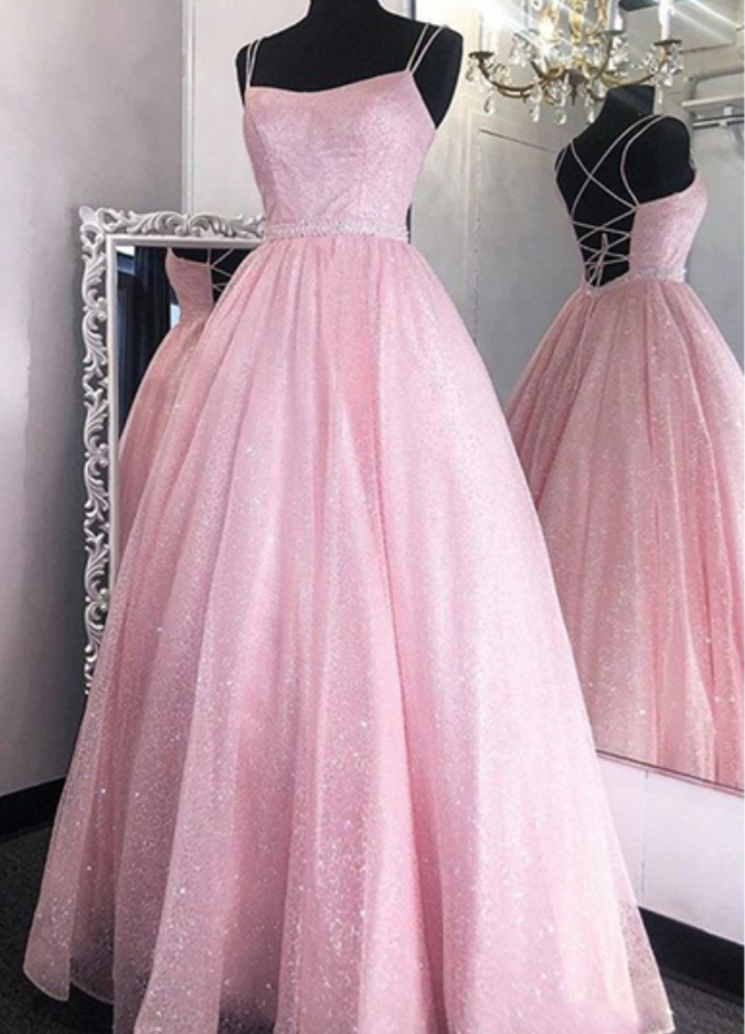 Pink Sequin Tulle Prom Dresses, Sparkle Prom Dresses, Aline Prom