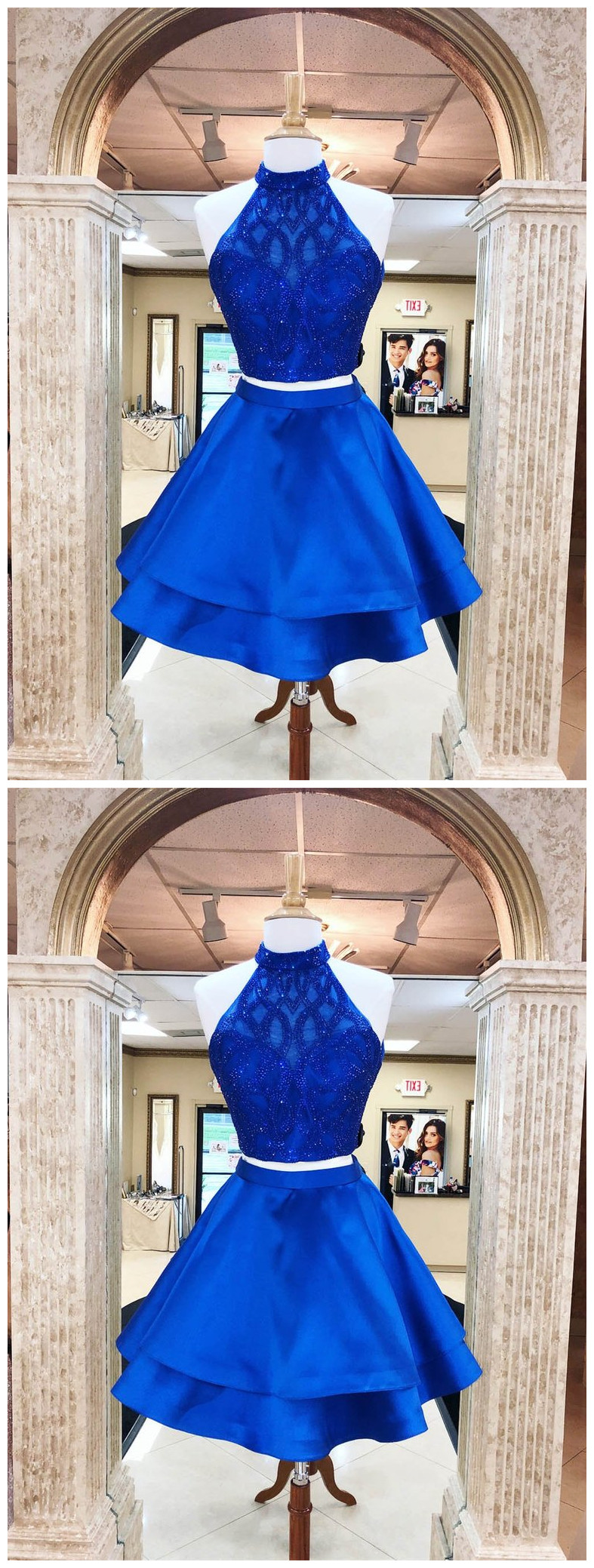 Blue  satin beads short prom dress, blue homecoming dress main image 1