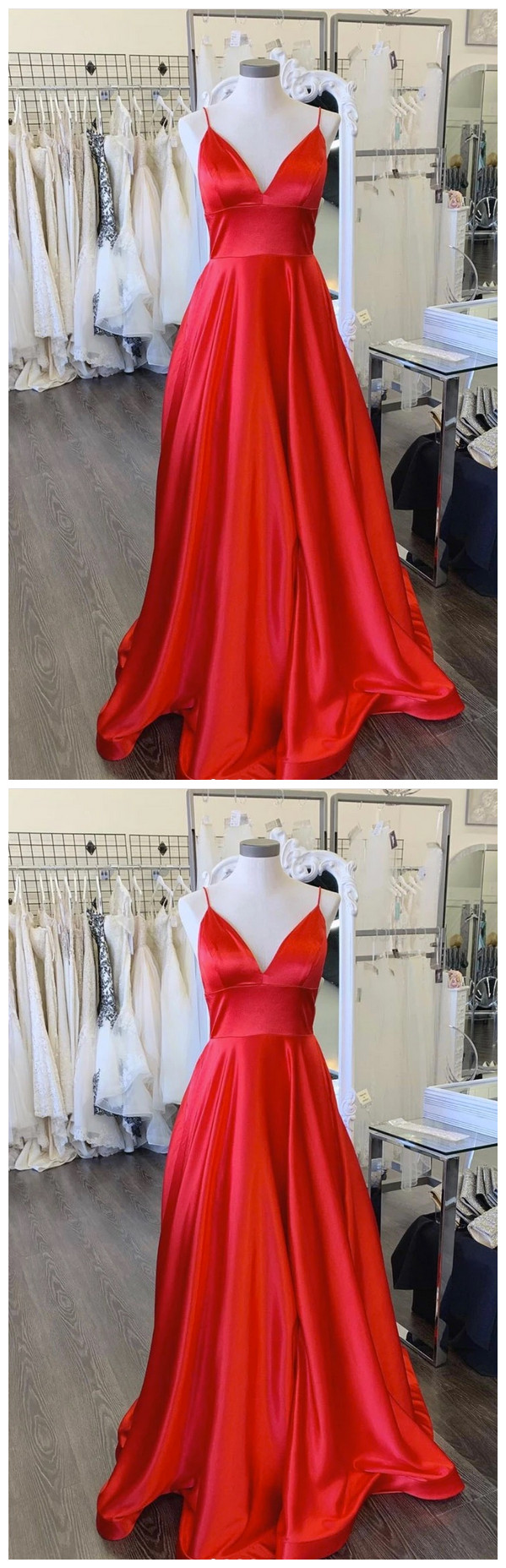 A-line V-neck Red Simple Long Prom Dress, Red Satin Evening Gown with Slit main image 0