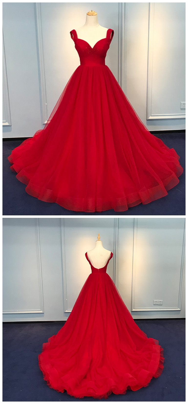 Red Long Party Gown 2019, Red Tulle Formal Dress