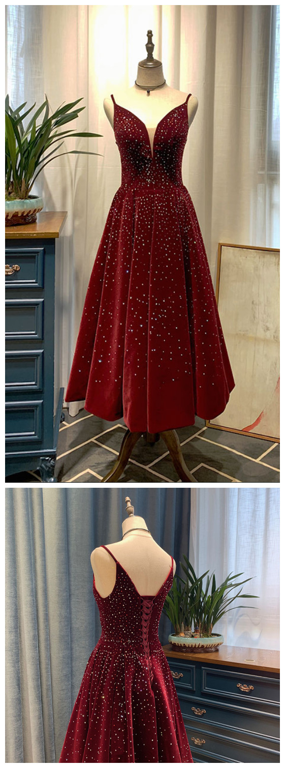 Wine Red Velvet Tea Length Homecoming Dress, Wine Red V-neckline Party Dress