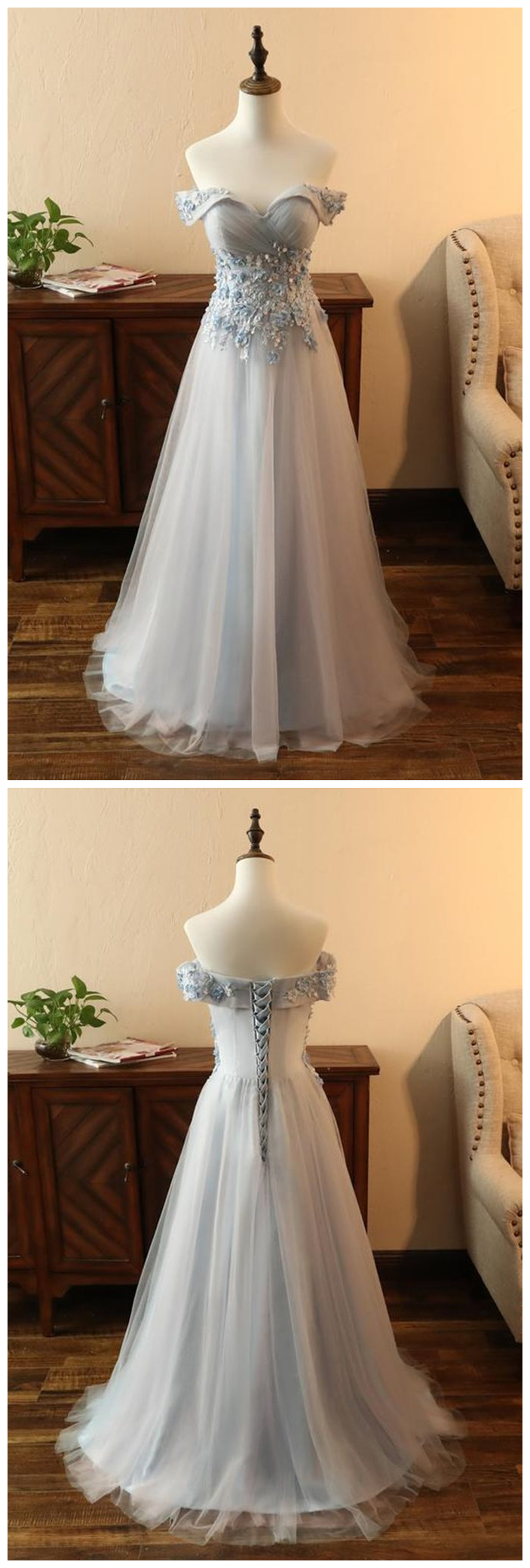 Gray A Line Off the Shoulder Appliques Tulle Long Formal Prom Dress Evening Party Dress